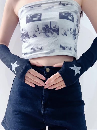 video, Women's Colorblock Star & Heart Print Arm Sleeves, 1 Pair Fashion Cute Patchwork Knit Glov...