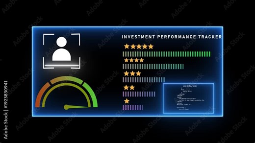 Investment performance tracker interface on a digital dashboard with user speedometer, star ratings, bar graphs, and code snippet, all highlighted by a blue glow on a dark background