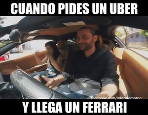 Típico: pides un Uber y llega un Ferrari #InformeMotor www.informemotor.com Vía: Uber do Marlon Disclaimer: El contenido de este video le pertenece al canal de youtube Uber do Marlon, si tiene algún reclamo por derechos de autor, por favor, póngase en contacto con nosotros. | Info Motor