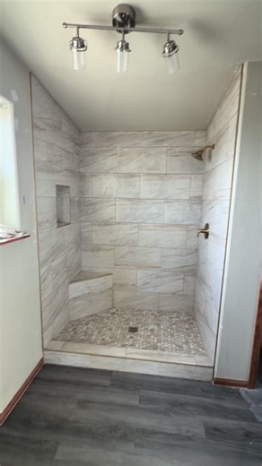 One of our beautiful remodeled bathroom showers #tiletok #tilework #bathroomremodel #showerremodel #fyp