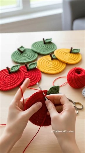 TheWorldCrochet on Instagram: "Crochet Apple Coasters 🍎 | Easy & Satisfying Crochet Making crochet apple coasters step by step 🍎🧵 This is such a relaxing crochet project — perfect for beginners and handmade home decor lovers. Simple stitches, cozy vibes, and beautiful results. #crochet #crochetcoasters #crochettutorial #crochetideas #HandmadeHome"
