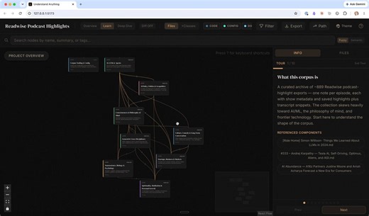 This is one of the coolest open-source AI agent projects I've seen in a while: 'Understand Anything'It's a plugin for Claude Code, Codex, OpenCode etc. that analyzes your codebase and turns it into a knowledge base that you can interact with.It explains the codebase to you, rather than showing you the structure.It seems like it's designed for code but I opened my Obsidian vault of podcast highlights in Claude Code, then ran /understand.The result is a knowledge graph that I can search of highlig