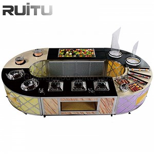 [Hot Item] Restaurant Hotel Equipment Banquet Oval Round Buffet Serving Set Steam Food Warmer Chafing Dish Overbed Marble Dining Table with Wheels Buffet Station