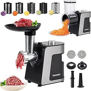 Parmedu Electric Cheese Grater & Meat Grinder 2-in-1: Vegetable Cutter Veggie Slicer Vegetable Shredder Chopper Kitchen Grater Salad Maker Meat Mincer Sausage Maker & Kibbeh Maker