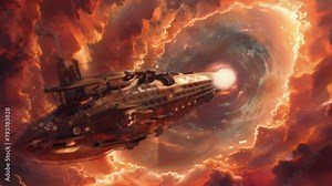 Steampunk-style airship navigates through a turbulent, fiery vortex in an apocalyptic sky, evoking a sense of danger, adventure, and the struggle for survival in a fantastical, alternate universe. Stock Video