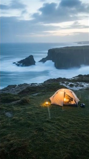 Camping on a Coastal Cliff at Night ⛺ Rain, Waves & Warm Tent Glow Ambience