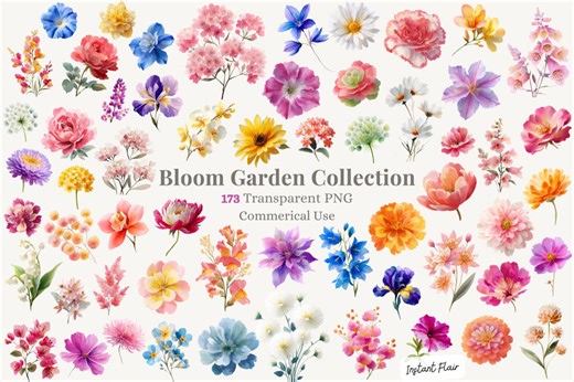 Bloom Garden Clipart Bundle, Watercolor Flower Graphics PNG (digital Download) - Etsy