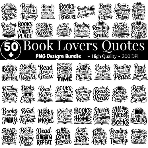 50  Book Quotes PNG Bundle, Reading Lover Clipart, Colorful Bookish Designs, Book Lover Stickers, Printable Reading Quotes, Digital Download - Etsy