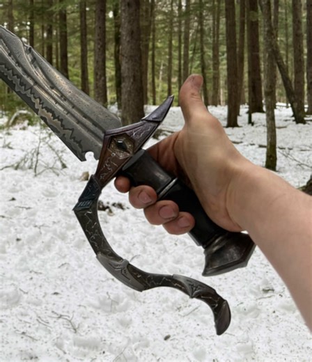 The Stormlord, Ex Tempestate This was an extremely fun and challenging build, I’m very happy that my customer and I got to spend so much time designing it. Blade Length: 31 Inches Handle Length: 7 Inches Overall Length: 38 Inches Here are some details on the Stormlord. Blade: The blade is made out of 15n20 and 1095, and is a special pattern I worked on to evoke a lightning storm. Handle: the guard has two labradorite stones inset which look like a stormy night sky, and emanating from them are en