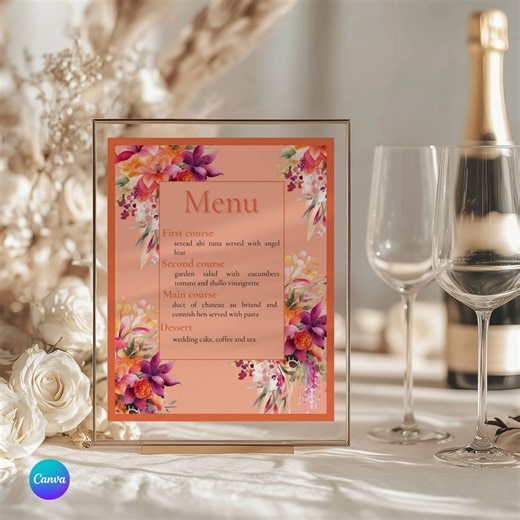 Pink and orange flower wedding menu template, 127x178mm menu for birthdays or weddings, colorful and floral celebrations.