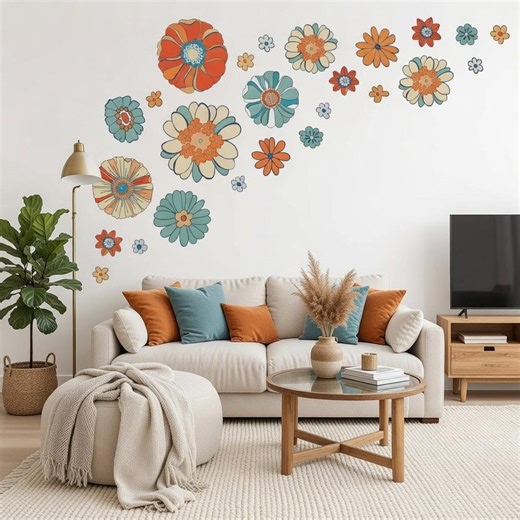 Large Boho Floral Wall Decals – Vintage Retro Hippie Flower Stickers for Bedroom - Etsy