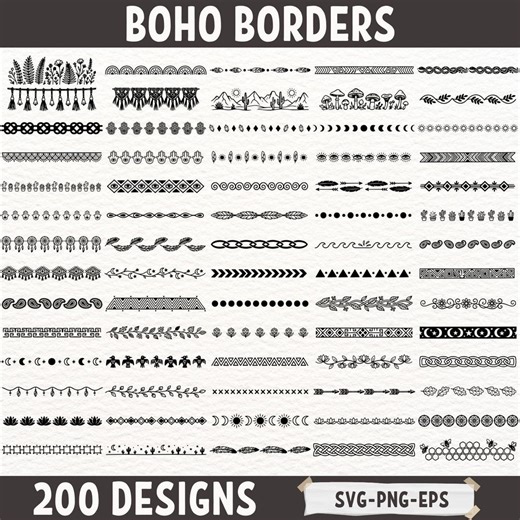 Boho Borders Bundle SVG PNG EPS, 200 Decorative Dividers Set, Tribal Floral Lines, Cricut Cut Files, Bohemian Clipart Pack for Design - Etsy