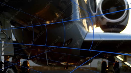 Jet engine intake and wing root showing blue grid overlay, turbine blades rotating in 3D render