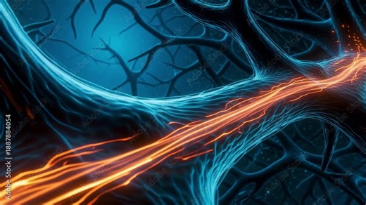 A powerful orange electrical signal visibly travels along a branching blue neural dendrite within a complex biological network.