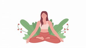 Animated meditating lady character. Focus on breath and thoughts. Full body flat person on white background with alpha channel transparency. Colorful cartoon style HD video footage for animation