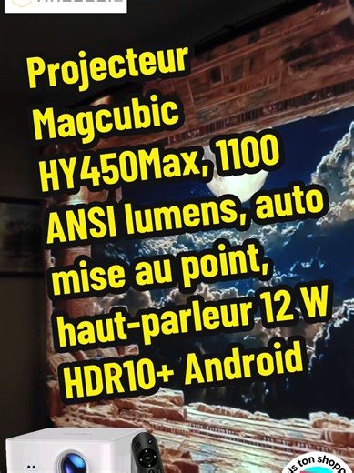 Projecteur Magcubic HY450Max, 1100 ANSI lumens, auto mise au point, haut-parleur 12 W HDR10 , Android 14.0, Wi-Fi 6 dual-band, Bluetooth 5.4, correction trapèze auto, reconnaissance écran, évitement obstacle cinéma maison, films, audio... #cinema #cine #projecteur #MAGCUBIC #tiktokshop