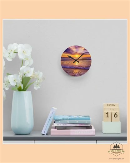 Sunset Beach Scene Acrylic Wall Clock | Seascape, Purple Orange Sunrise