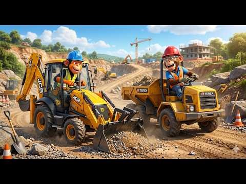 Monkey Driving JCB & Dumper 🚜 | Funny Construction Cartoon for Kids | Storm Rescue Mission |