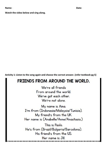 Year 4 Module 1 - Sing a Song worksheet