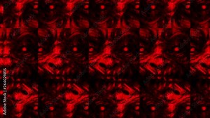 Scary zombie faces with kaleidoscope effect. Digital 2D animation. Horror fantasy genre. Angry bloody devil heads. Suspense movie. Spooky animated Vj loop video clip. Red and black background color.
