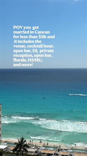 At Sandos Cancun Lifestyle Resort, $7,200 gets you: 💍 Ceremony: • Symbolic ceremony • Ceremony setup • Government beach permit • 3 medium-sized flower medallions • Rose petals for the aisle during the ceremony • Sound system and microphone during the ceremony • 1 bouquet and 1 boutonnière, or 2 bouquets, or 2 boutonnières 🪩 Reception: • Private cocktail with open bar and appetizers • Private dinner reception with open bar • Basic setup and ambient lighting • Sparkling wine for the wedding toas