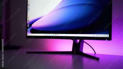 Modern Computer Monitor With Ambient Lighting Displaying Abstract Wallpaper.