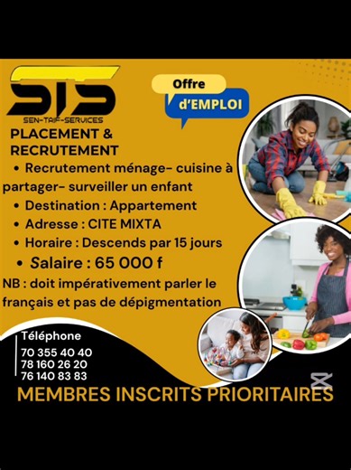 Recrutement Ménage, Cuisine et Surveiller un enfant. Contactez-nous au 78 160 26 20 #sentaifoffredemploi #offredemploi #emploi #senegalaise_tik_tok