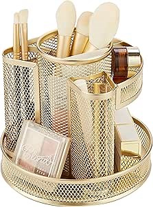 Annova Mesh Desk Organizer Rotate with 5 Compartments Round Spinning Tidy Candy/Pen Holder Desk Accessories Office, Art Supply, Storage, Classroom, Home (Gold)