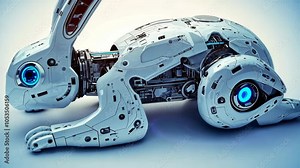 A robotic rabbit lies on a white surface with its ears up