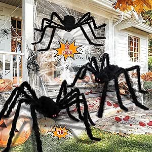 Halloween Giant Spider Decorations - 3 Pcs Realistic Scary Spiders Set Halloween Decorations Outside - Fake Large Spiders Props for Indoor Outdoor Lawn Yard Party Creepy Decor (59", 49”, 35”)