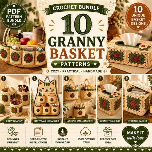 10 Granny Flower Crochet Basket Patterns Bundle PDF, Crochet Organizer Basket Pattern, Farmhouse Storage Basket Tutorial - Etsy