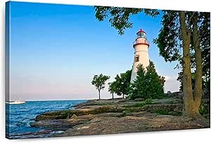 ElephantStock - Ohio Marblehead Lighthouse Wall Art - Horizontal Canvas Wall Art - Living Room Wall Decor - Photography Nautical Canvas Art - Blue And Teal Decor - 12" x 8"