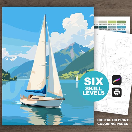 Sailboat Paint by Number Adult Coloring Pages | Digital for Procreate and Printable PNG, PDF or SVG - Etsy