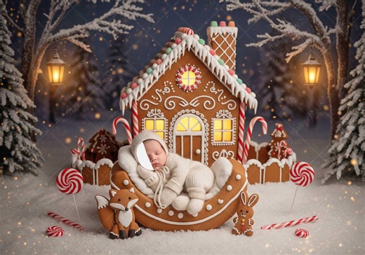 Newborn Digital Backdrop | Gingerbread House Christmas Face Insert | Cozy Winter Holiday Prop PSD - Etsy