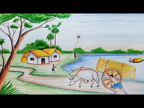 How to draw village scenery / Landscape step by step