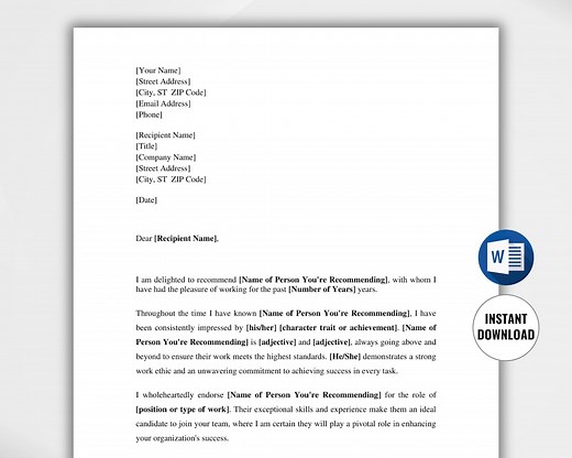 Printable Professional Reference Letter Template (microsoft Word) - Etsy Australia