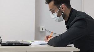 Student Pandemic Work, computer screen study in pandemic, hardworking students, homework and worksheets, education and learning