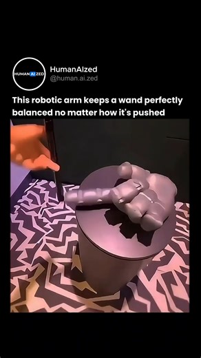 HumanAIzed | AI & Tech on Instagram: "This robotic arm keeps a wand perfectly balanced no matter how it's pushed The system uses high speed gyroscopes, accelerometers, and angle sensors to track the wand's position hundreds of times per second. A microcontroller runs PID control algorithms that calculate the exact counter movement needed to maintain vertical orientation in real time. Precision servo motors react instantly, adjusting the arm's angle with millimeter level accuracy to cancel out an