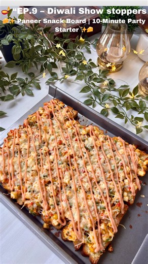 This Paneer Snack Board is everything a party needs — spicy, cheesy, crunchy & totally irresistible! 🧀🔥 Perfect for Diwali, house parties or weekend evenings — this one disappears in minutes 😍 🌶 Paneer Snack Board Recipe 1️⃣ Slice 4 hot dog breads and brush generously with ¼ cup garlic butter. Bake at 180°C for 4–5 mins till lightly crisp. 2️⃣ In a bowl, mix: 2 cups chopped paneer, ¼ cup each chopped bell peppers & onion, salt, 1 tsp red chilli flakes, 2 chopped green chillies, 2 tbsp corian