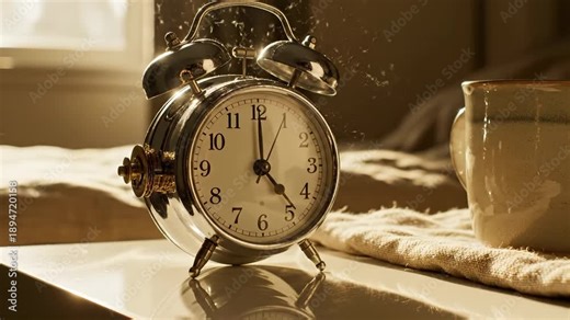Silver alarm clock stands on table in sunny morning. Clock shows early time near coffee cup. Morning sunlight hits alarm clock. Wake up time with coffee. Retro clock sits on bedside table.