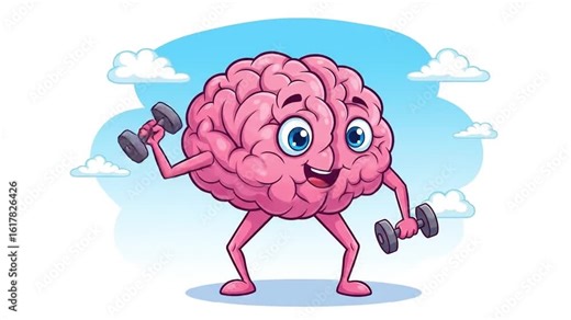 Cartoon brain character lifting weights, symbolizing mental exercise and cognitive fitness.
