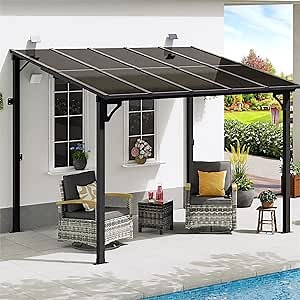 MEISSALIVVE 8' x 10' Wall Mounted Lean to Metal Awnings with Sloped Roof, Outdoor Patio Gazebo Awning for Backyard, Deck, Black