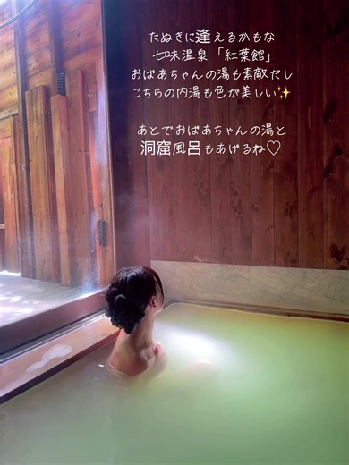 たぬきに出会えるかも #七味温泉紅葉館 とっても素敵な#おばあちゃんの湯 も最高なんだけど 光の入った旅館内の内湯の綺麗さは目をうばわれる♡ #温泉 #温泉女子 #温泉女子旅 #女子 #グリーン #長野県 #CapCut