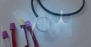 Animation of dna strands over test tubes with blood and stethoscope Stock Video