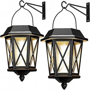 Solar Lanterns Outdoor Waterproof, Hanging Solar Lights with Glass Shade - 2 Pack LED Metal Wall Mount Outdoor Light for Yard/Garden/Patio - Black