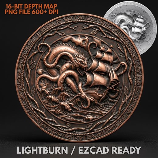 Pirate Coin Depth Map: Veteran 3D Embossing Height Maps for Fiber Laser Engraving | 16-Bit High Resolution PNG File Art