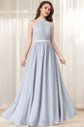 Grey Chiffon Halter Dress, A-line Maxi, Wedding Guest Dress, Xiaolizi 6096# - Etsy
