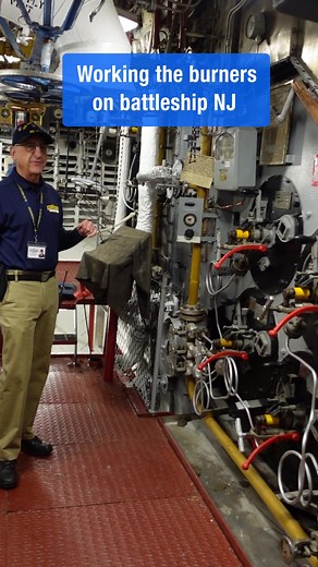 Walt was a Boiler Tech on the USS Ranger, he’s now one of our tour guides, you can often catch him in the engine room giving tours! We offer short 15 minute tours of the engine room daily, and tickets to full 90 minute tours are available on our website! #usnavy #navy #battleship #maritimehistory #engeneering #boilerroom #boilers #ships #militaryhistory #boilertech