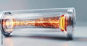 Electric accumulator with a futuristic transparent casing, showcasing animated energy flow inside in vivid detail. Electric accumulator