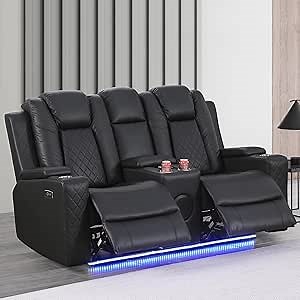 Power Loveseat Recliner Sofa, Home Theater Recliner Loveseat with LED Light, Breathing Leather Reclining Loveseat Couch with Storage/Cup Holder/USB Charging (Black)
